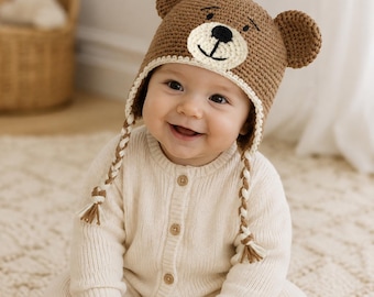 Teddy Bear Earflap Crochet Pattern, 15 Sizes, Newborn Baby Hat PDF, Preemie to Adult