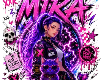 Mira Kpop Girl PNG, Pink Purple Anime Art, Gothic Cat Digital Download