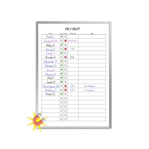 May include: A white dry-erase board with a silver frame featuring an IN / OUT tracking grid. The board includes columns for Name, In, Out, Return Time, and Notes, with handwritten names and status markers. A yellow and red magnet icon is at the bottom.
