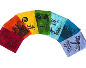 On Your Way (Small Flags) Hand printed Prayer flags, Gratitude Flags, Garden Flags