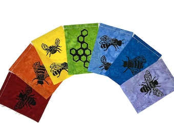 Bless the Bees With Honeycomb, Gratitude flags  (Small) Made with original Hand carved Block Prints, Prayer Flags