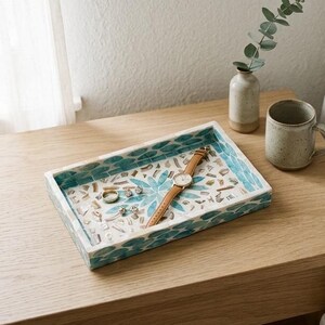 Mother of Pearl Mosaic Tray, Small Rectangular Shell Trinket Tray, Boho Vanity Jewelry Dish, Coastal Decorative Tray, Handmade Gift for Her