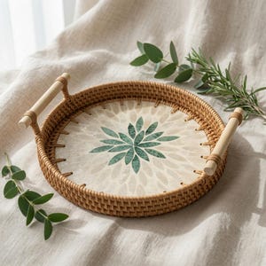 Peut inclure: Un plateau de service rond en rotin tressé doté de deux poignées en bois clair. La base du plateau présente un motif décoratif incrusté composé de pièces en forme de pétales de couleur crème et vert foncé disposées en fleur.