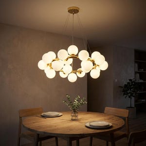 Bubble Glass Ring Chandelier, 25 Light Opal Glass Pendant Light, Large Gold Living Room Ceiling Light, Modern Statement Light Fixture