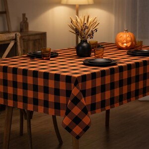 Pomarańczowo-czarny obrus w kratę Buffalo, obrus na Halloween, jesienna dekoracja stołu w kratkę, obrus na Święto Dziękczynienia, łatwy do czyszczenia, 5 rozmiarów
