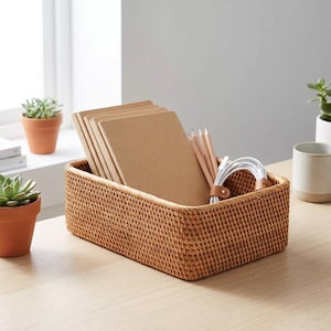Puede incluir: Una cesta de almacenamiento rectangular de ratán trenzado que contiene varios cuadernos de color tostado, un grupo de lápices de madera y un cable de carga blanco enrollado, sujeto con una pequeña correa de cuero tostado con un botón de presión de metal plateado.