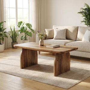 May include: A rectangular wooden coffee table with a smooth, light brown wood grain finish. The table features a thick, flat top surface supported by two wide, curved, solid wood panel legs on each side, creating a stable and sturdy base.