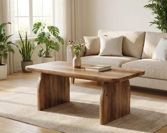 Modern Wood Coffee Table, Rectangular Living Room Center Table, Minimalist Curved Leg Coffee Table, Rustic Farmhouse Wooden Accent Table