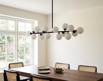 Lampadario lineare a globo in vetro, lampadario a sospensione a 16 luci in vetro opalino per isola cucina, lampada da tavolo moderna dorata, lampada da soffitto lunga per bar e cucina.