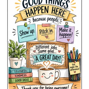 Könnte beinhalten: Ein farbenfrohes Poster mit dem Text GOOD THINGS HAPPEN HERE, because people Show up, Pitch in, Make it happen. Es enthält eine Pinnwand mit dem Text Different jobs. Same goal... A GREAT DAY!, eine Topfpflanze, Bücher und eine Kaffeetasse.