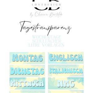 Könnte beinhalten: Ein digitales Lernmaterial mit dem Text Tagestransparenz, Wochentage, Schulfächer und Leere Vorlagen. Darunter befinden sich acht rechteckige Etiketten mit hellblauem Text auf gelb-blauem Hintergrund, die die deutschen Wörter Montag, Dienstag, Mittwoch, Donnerstag, Englisch, Italienisch, NMG und Gestalten zeigen.