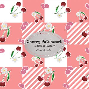 Puede incluir: Un patrón sin costuras con una cuadrícula de cuadrados rosas y blancos, algunos con rayas blancas diagonales. El diseño incluye ilustraciones de cerezas rojas con hojas verdes y flores blancas, intercaladas con pequeños corazones rosas. El texto dice Cherry Patchwork Seamless Pattern DawnraCreates.