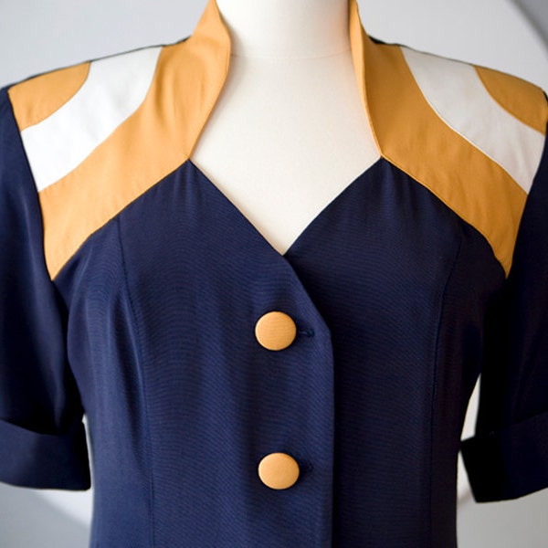 Vintage c. 1980s Fitted Button Front Navy Dress with Geometric Shoulders in Mustard Gold and White