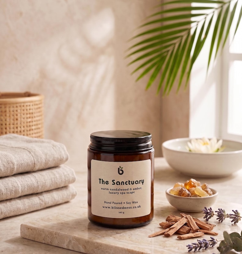 The Sanctuary sandalwood and amber candle in amber glass jar