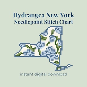 Può includere: Uno schema digitale per ricamo a mezzo punto con il testo Hydrangea New York Needlepoint Stitch Chart e instant digital download. Il grafico raffigura lo stato di New York riempito con un motivo pixelato di fiori di ortensia azzurri.