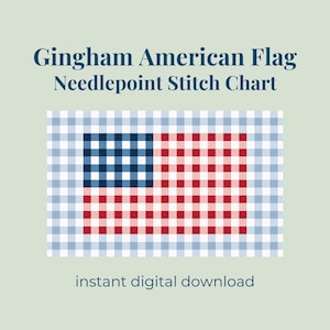 Puede incluir: Un gráfico digital de punto de aguja con un diseño de bandera estadounidense en vichy. La imagen muestra un patrón de cuadros rojos, blancos y azules dispuestos en forma de bandera. El texto dice Gingham American Flag Needlepoint Stitch Chart.