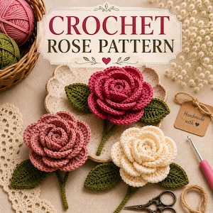 Op de afbeelding: Drie gehaakte rozen in donkerroze, lichtroze en crème, elk met groene bladeren en stelen. De afbeelding bevat een mand met garen, een haaknaald, een schaar en een label met Handmade with, onder de tekst CROCHET ROSE PATTERN.