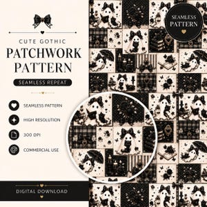 May include: A digital patchwork pattern featuring black and white illustrations of ghosts, black cats, roses, bows, and umbrellas. The text reads CUTE GOTHIC PATCHWORK PATTERN, SEAMLESS REPEAT, SEAMLESS PATTERN, HIGH RESOLUTION, 300 DPI, COMMERCIAL USE, DIGITAL DOWNLOAD.