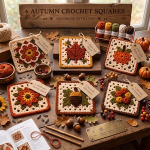 May include: Six crochet squares featuring autumn themes including a flower, maple leaf, pumpkin, sunflower, acorn with oak leaves, and berries. Each square has a beige base and a tag identifying the design. Includes yarn, hooks, and a pattern book.