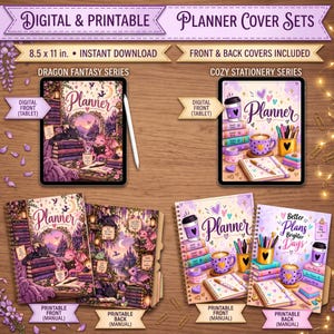 Peut inclure: Ensembles de couvertures de planificateur numériques et imprimables avec deux thèmes : Dragon Fantasy et Cozy Stationery. Inclut des couvertures avant et arrière de 21,59 x 27,94 cm pour tablettes et agendas, illustrant des dragons, des livres, des tasses et de la papeterie.