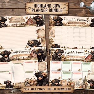 Può includere: Un set di planner Highland Cow composto da quattro pagine stampabili con illustrazioni di mucche Highland nere, girasoli, farfalle e fienili rustici. Il set include un foglio per appunti, un planner mensile, un planner giornaliero e uno settimanale.