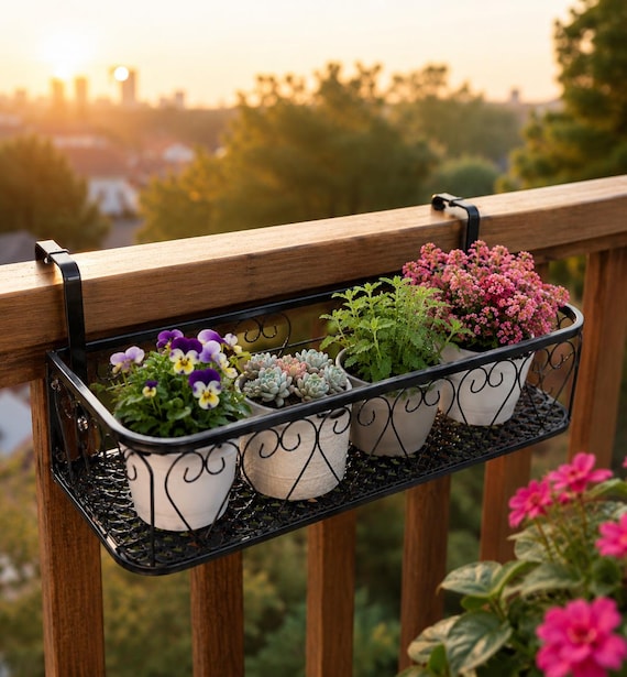 Balkon-Blumenständer, Hänge-Pflanzenregal aus Metall, Geländer-Pflanzenablage, Fensterkastenständer, Balkon- und Gartendekoration