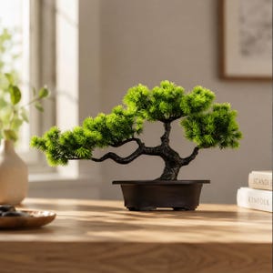 May include: An artificial bonsai tree with vibrant green needle-like foliage and a textured dark brown trunk. The tree is planted in a shallow, matte black rectangular pot with a wide rim, creating a balanced and horizontal silhouette.