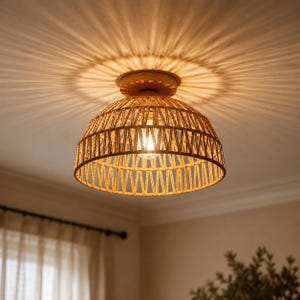 May include: A dome-shaped ceiling light fixture featuring a natural tan woven rope shade with a geometric triangular pattern. The light is mounted on a circular wooden base and emits a warm glow, casting distinct radial shadows on the ceiling.
