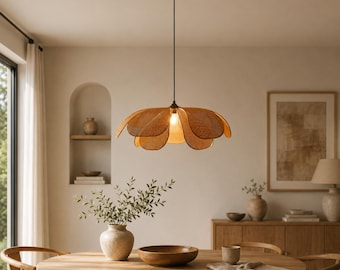 Rattan Petal Pendant Light, Woven Ceiling Lamp, Boho Chandelier, Natural Hanging Light, Dining Room Lighting, Bedroom Pendant