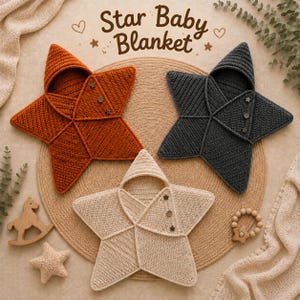 May include: Three star-shaped hooded blankets in rust orange, charcoal gray, and cream. Each blanket features a ribbed crochet texture, a pointed hood, and three small buttons along the front flap. The text Star Baby Blanket is centered above.