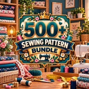 May include: A digital graphic sign featuring the text 500+ SEWING PATTERN BUNDLE in gold and blue lettering, topped with a crown, surrounded by floral accents, and centered above a sewing machine icon on a cream background.