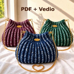 May include: Three crocheted handbags in burgundy, dark blue, and dark green, each featuring a ribbed texture, a gold-tone chain strap, and a small oval tag labeled Handmade. The text PDF + Vedio is displayed above the bags.