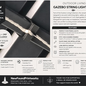 Könnte beinhalten: Ein schwarzer, 3D-gedruckter Pavillon-Lichterketten-Clip für 2,54 cm Stahlrahmen. Das Bild enthält Text mit Details zum Outdoor Living Gazebo String Light Clip, Funktionen, STL- und 3MF-Dateien sowie Informationen zum 3D-Druck.
