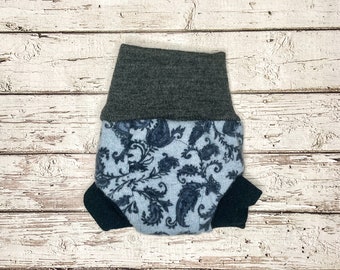 Cloth diaper cover, upcycled wool soaker, cloth nappy cover, with added doubler - blue paisley print - size newborn 0-3M