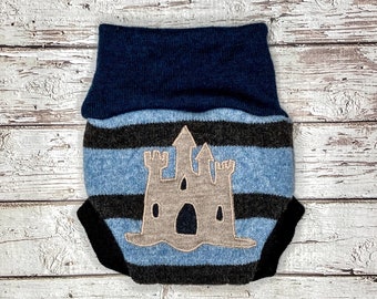 Upcycled Wool Diaper Cover: Sandcastle Appliqué, Size Small (3-6M)