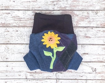 Cloth diaper cover, upcycled wool soaker cover, cloth nappy cover - black cashmere with a sunflower - size small 3-6 months