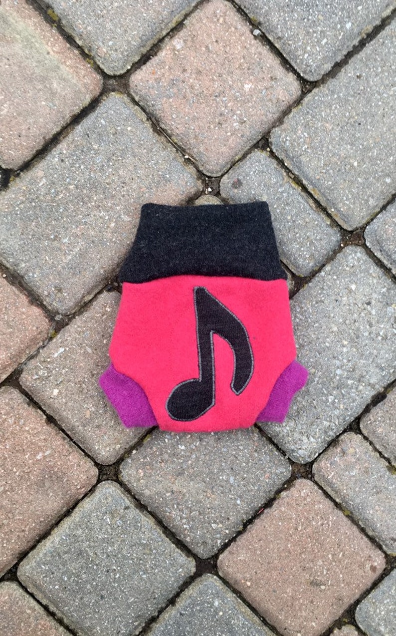 upcycled wool soaker Cloth diaper cover Pink and grey with a music note applique newborn wool shorties with added doubler in the wetzone