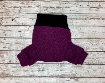 Cloth diaper cover, zero waste, upcycled wool soaker, shorties, cloth nappy cover - dark purple cashmere bloomers - size medium 6-12M