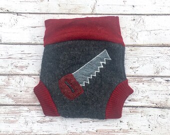 Upcycled Wool Diaper Cover: Hand Saw Applique, Size Small (3-6M)