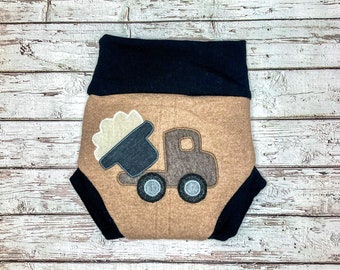 Cloth diaper cover, merino wool diaper, upcycled shorties, cloth nappy cover - beige with a dump truck appliqué - size large 12-18M