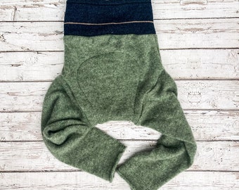 Cubierta de pañal de tela, cubierta de remojo de lana, longies reciclados sin desperdicio, pantalones de lana - longies de cachemira verde - tamaño grande 12-18M
