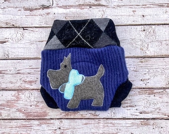 Upcycled Wool Diaper Cover: Newborn Cloth Nappy, Scotty Dog Applique (0-3M)