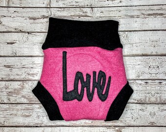 Upcycled Wool Diaper Cover: Pink 'Love' Appliqué, Size Large (12-18M)