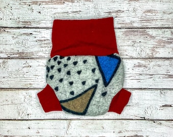 Newborn Wool Cloth Diaper Cover: Geometric Grey & Red, 0-3M