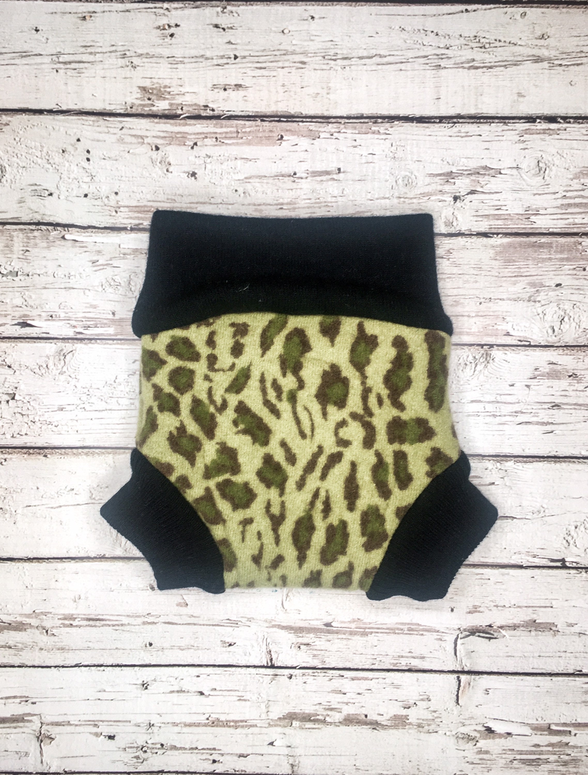 Upcycled Wool Diaper Cover: Green Cheetah Print, Size Small (3-6M)