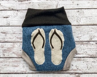 Upcycled Wool Diaper Cover: Blue Beige Sandals Appliqué, 6-12M