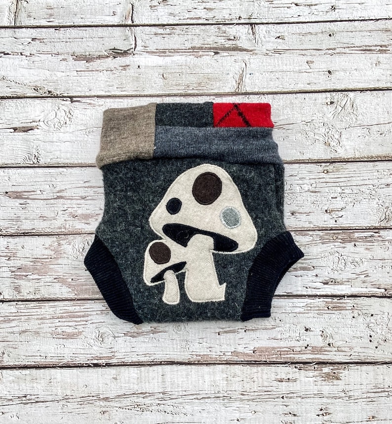 upcycled wool soaker cover grey with a mushroom appliqu\u00e9 size small 3-6M cloth nappy cover Cloth diaper cover