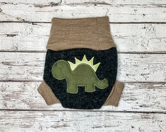 Cloth diaper cover, upcycled wool soaker cover, newborn diaper cover - grey and beige with a dinosaur appliqué - size newborn 0-3M