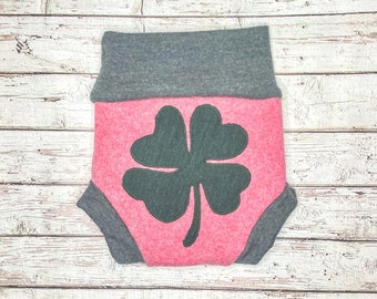 Cloth diaper cover, upcycled wool soaker cover, wool shorties - pink and grey with a clover appliqué - size large 12-18M