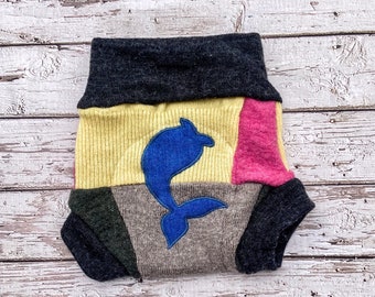 Upcycled Wool Diaper Cover: Mermaid Patchwork Soaker, Size 3-6M